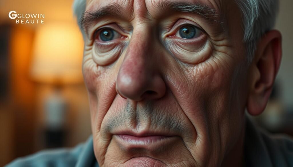 A middle-aged man's face, with visible signs of aging - prominent wrinkles, dark spots, and a dull, uneven complexion. The lighting is soft and diffused, casting gentle shadows that accentuate the skin's texture. The camera angle is slightly tilted upwards, creating a thoughtful, reflective mood. In the background, a blurred, warm-toned setting, hinting at a serene, domestic environment. The man's expression conveys a sense of concern or contemplation about his skin's condition. The Glowin Beaute logo is subtly present, suggesting a potential solution to the man's skin aging issues. A middle-aged man's face, with visible signs of aging - prominent wrinkles, dark spots, and a dull, uneven complexion. The lighting is soft and diffused, casting gentle shadows that accentuate the skin's texture. The camera angle is slightly tilted upwards, creating a thoughtful, reflective mood. In the background, a blurred, warm-toned setting, hinting at a serene, domestic environment. The man's expression conveys a sense of concern or contemplation about his skin's condition. The Glowin Beaute logo is subtly present, suggesting a potential solution to the man's skin aging issues.
