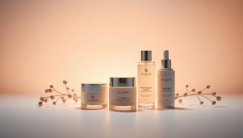 A serene and tranquil scene showcasing the post-treatment care routine for Glowin Beaute's OligioX 原美電波therapy. In the center, a neatly arranged display of soothing skincare products, including a moisturizer and a serum, all in a clean, minimalist aesthetic. The background is softly lit, with a subtle gradient effect, creating a calming and therapeutic atmosphere. The composition is balanced, with the products taking center stage, surrounded by soft, diffused lighting that enhances their premium, high-quality appearance. The overall mood evokes a sense of relaxation and rejuvenation, perfectly complementing the restorative benefits of the OligioX treatment. A serene and tranquil scene showcasing the post-treatment care routine for Glowin Beaute's OligioX 原美電波therapy. In the center, a neatly arranged display of soothing skincare products, including a moisturizer and a serum, all in a clean, minimalist aesthetic. The background is softly lit, with a subtle gradient effect, creating a calming and therapeutic atmosphere. The composition is balanced, with the products taking center stage, surrounded by soft, diffused lighting that enhances their premium, high-quality appearance. The overall mood evokes a sense of relaxation and rejuvenation, perfectly complementing the restorative benefits of the OligioX treatment.