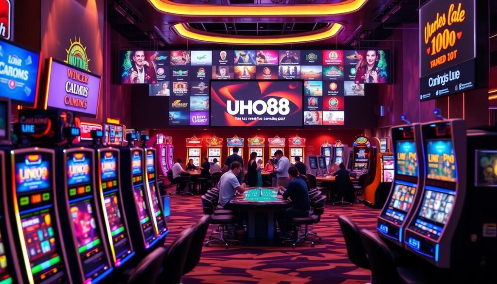A vibrant and immersive game hall showcasing a diverse array of entertainment options. In the foreground, a row of slot machines with neon lights and sleek designs beckons players. The middle ground features a group of people engaged in lively table games like blackjack and roulette, captured in a warm, atmospheric lighting. In the background, a large screen displays the UHO88 brand name, surrounded by various game icons representing the breadth of activities available, from video poker to sports betting. The scene conveys a sense of excitement, energy, and the endless possibilities for entertainment and adventure within this modern gaming establishment.