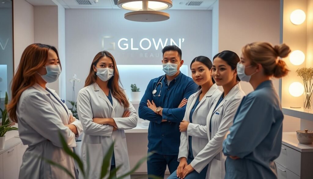 Generate an image of a professional medical aesthetics team at GLOWIN' Beaute Generate an image of a professional medical aesthetics team at GLOWIN' Beaute