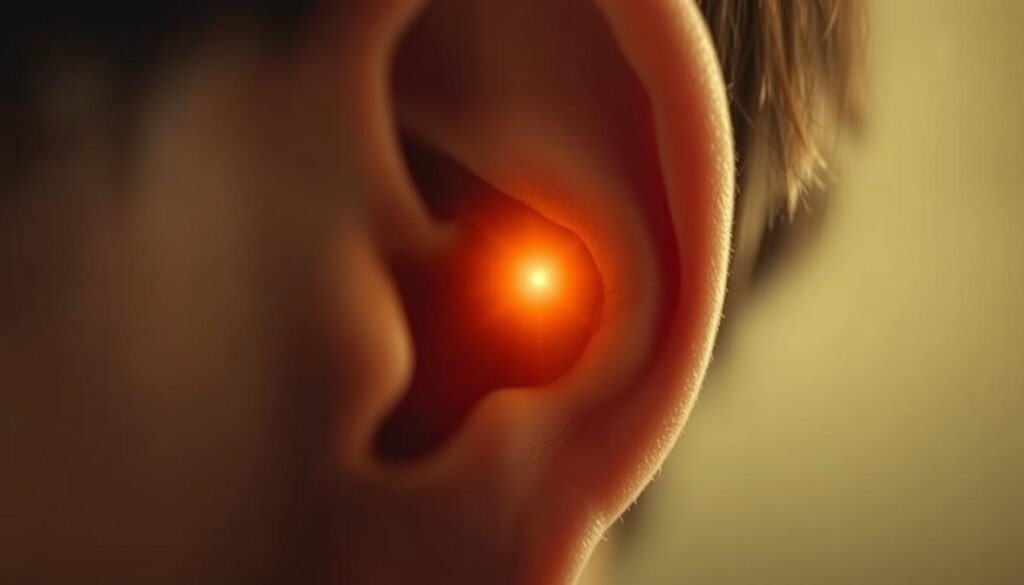 A close-up view of a person's ear, with a glowing, radiant halo of light emanating from the inner ear canal, symbolizing the "solution" to the problem of tinnitus. The ear is depicted in a warm, soothing tone, with soft, diffused lighting that creates a sense of calm and tranquility. The background is blurred and out of focus, allowing the viewer to concentrate on the central subject. The image conveys a sense of hope and relief, suggesting that the "solution" to tinnitus can be found and that there is a way to overcome this often-debilitating condition.