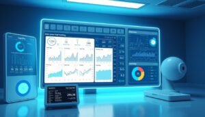 A highly detailed and technically accurate 3D render of a sleep apnea data analysis dashboard interface, showcasing various charts, graphs, and statistics related to sleep apnea treatment data from a iCareCPAP device. The dashboard is presented in a clean, minimalist style with a cool, blue-toned color palette. The interface features a prominent central display with multiple data visualizations, surrounded by smaller panels displaying technical metrics and settings. The scene is well-lit, with soft, indirect lighting highlighting the various interface elements. The overall atmosphere conveys a sense of professionalism, efficiency, and medical-grade precision, suitable for illustrating the "How to interpret sleep apnea and ventilator usage data?" section of the article.