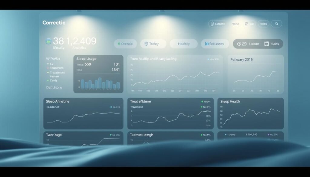 A sleek and modern data visualization dashboard showing real-time analytics and cloud-connected data from a iCareCPAP sleep apnea device. The dashboard features a minimalist layout with clean lines, soft gradients, and subtle lighting effects. Key metrics and graphs are prominently displayed, allowing users to quickly understand device usage, treatment adherence, and overall sleep health. The interface has a soothing, futuristic aesthetic that conveys the seamless integration of connected healthcare technology. A sleek and modern data visualization dashboard showing real-time analytics and cloud-connected data from a iCareCPAP sleep apnea device. The dashboard features a minimalist layout with clean lines, soft gradients, and subtle lighting effects. Key metrics and graphs are prominently displayed, allowing users to quickly understand device usage, treatment adherence, and overall sleep health. The interface has a soothing, futuristic aesthetic that conveys the seamless integration of connected healthcare technology.