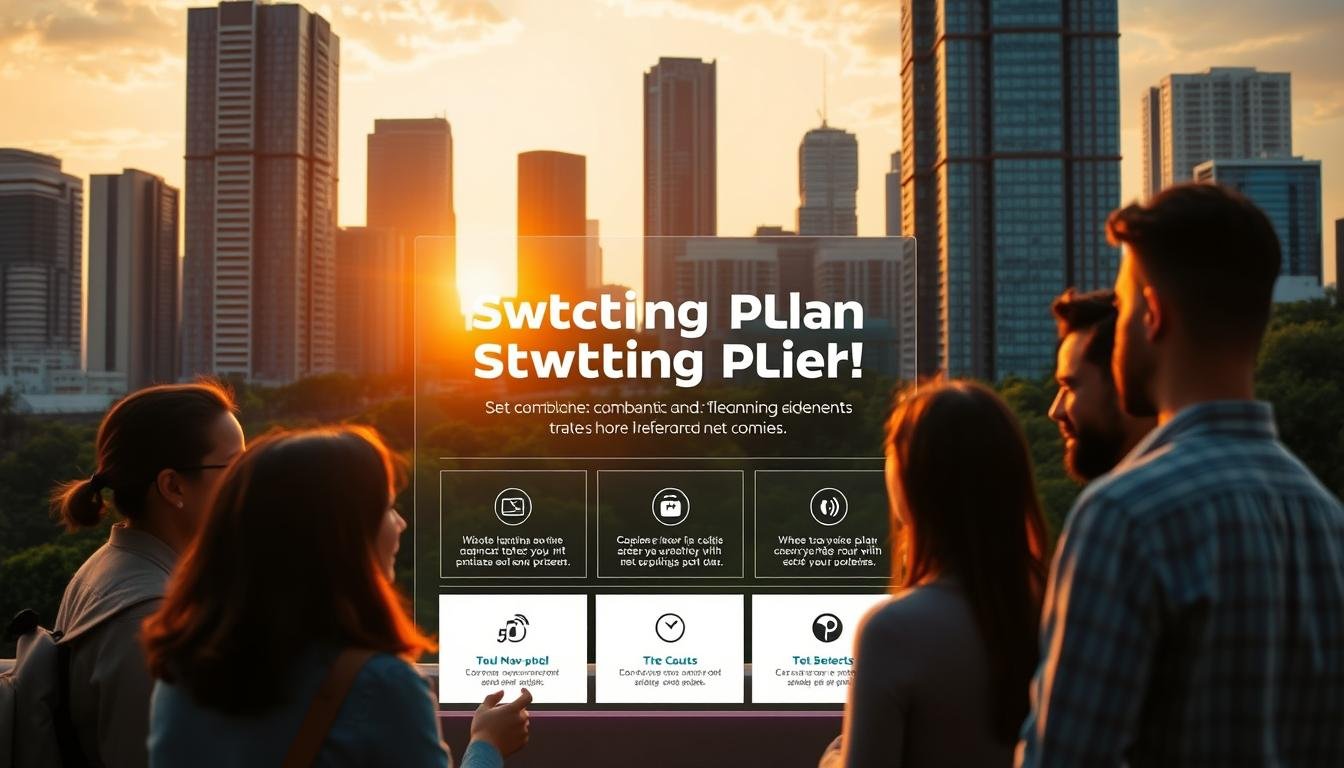 Telecombrother seasonal switching plan promotion: a vibrant scene of a modern city skyline, with tall buildings bathed in a warm, golden glow of the setting sun. In the foreground, a group of people eagerly discussing the details of the plan, their faces lit by the soft, diffused light. The middle ground showcases a dynamic display highlighting the key benefits of the promotion, presented in a clean, minimalist design. The background features a lush, verdant landscape, hinting at the idea of a fresh start or new beginnings. The overall mood is one of optimism, excitement, and a sense of financial well-being.
