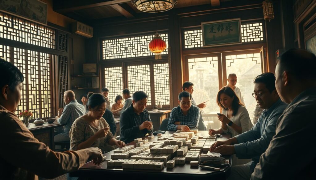 A bustling social gathering in a traditional UTown teahouse, the air filled with the clattering of mahjong tiles and the lively chatter of players. Sunlight streams through the ornate latticed windows, casting a warm glow over the scene. In the foreground, a group of friends engaged in an intense mahjong game, their faces alight with concentration and friendly competition. The middle ground reveals other patrons enjoying tea and engaging in lively conversation, a sense of community and camaraderie palpable. The background showcases the rich architectural details of the teahouse, transporting the viewer to a bygone era of social interaction and tradition.