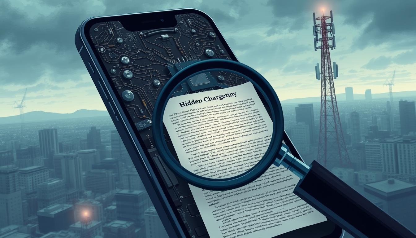 A detailed 5G plan illustration featuring hidden charges and traps, showcasing the Telecombrother brand. The foreground depicts a smartphone with a complex web of connectors and circuits, symbolizing the intricate nature of 5G plans. The middle ground features a magnifying glass analyzing the plan's fine print, hinting at the "hidden charges" revelation. The background showcases a 5G tower amidst a cityscape, conveying the widespread impact of 5G technology. The overall mood is one of investigation and cautious exploration, with a muted color palette and dramatic lighting to emphasize the "hidden charges" theme.