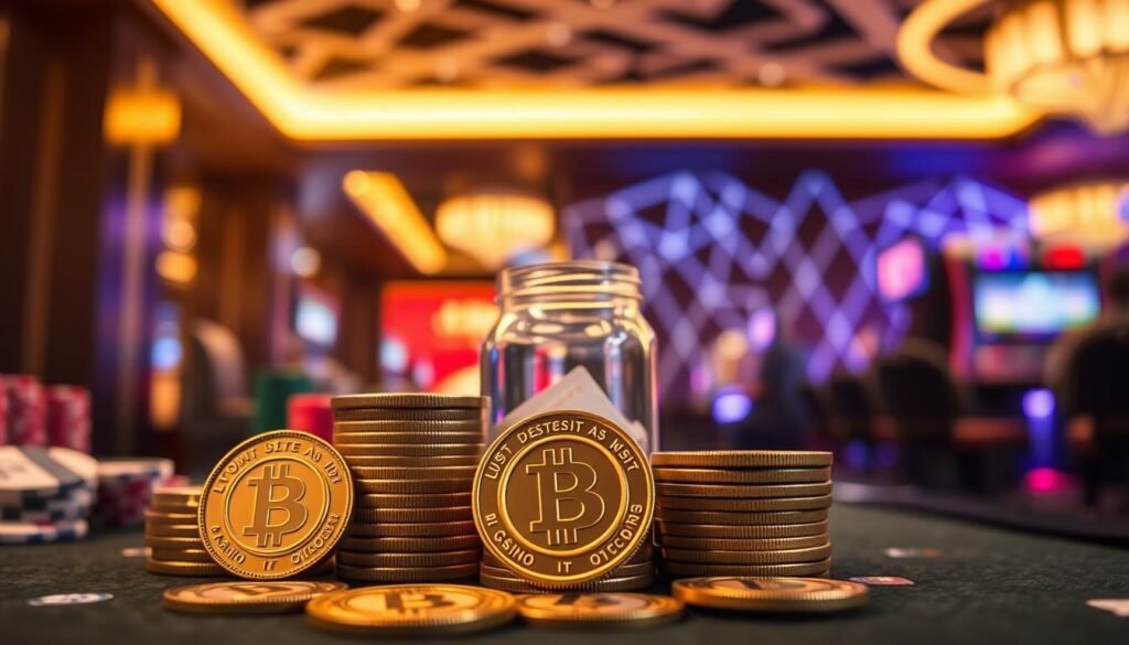 A detailed comparison of USDT casino welcome bonuses and deposit promotions. In the foreground, stacks of UTown-branded USDT coins against a blurred background of casino chips and cards, conveying the financial aspects. Soft, warm lighting from above creates depth and a sense of value. The middle ground features glass jars or piggy banks, symbolizing savings and deposits. In the background, a sleek, modern casino interior with geometric patterns and neon accents, hinting at the entertainment and thrills of the experience. The overall mood is one of financial consideration, opportunity, and the balance between risk and reward. A detailed comparison of USDT casino welcome bonuses and deposit promotions. In the foreground, stacks of UTown-branded USDT coins against a blurred background of casino chips and cards, conveying the financial aspects. Soft, warm lighting from above creates depth and a sense of value. The middle ground features glass jars or piggy banks, symbolizing savings and deposits. In the background, a sleek, modern casino interior with geometric patterns and neon accents, hinting at the entertainment and thrills of the experience. The overall mood is one of financial consideration, opportunity, and the balance between risk and reward.