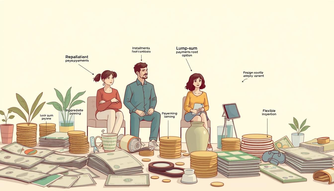 A detailed illustration of various loan repayment options for personal lending, showcasing a diverse array of payment methods and financial instruments. The scene depicts a middle-ground perspective, with the foreground highlighting different repayment plans, such as installments, lump-sum payments, and flexible schedules. The midground features individuals or families carefully considering their options, while the background showcases a neutral, clean environment that amplifies the financial and analytical nature of the subject matter. The lighting is soft and natural, creating a sense of thoughtfulness and deliberation. The overall mood is one of careful consideration and financial responsibility, encouraging the viewer to thoughtfully explore the best repayment strategy for their personal lending needs.