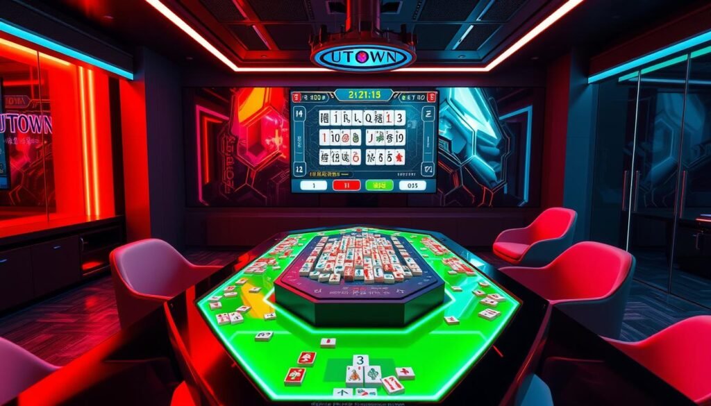 A dynamic mahjong table in a modern game room, with a large screen displaying a digital mahjong game interface. Sleek, minimalist furniture and lighting create an immersive, futuristic atmosphere. The table features a UTown-branded digital control panel, allowing players to access special game modes and features. Vibrant colors and intricate 3D mahjong tiles create a visually striking scene, capturing the essence of the "special gameplay" described in the article section.