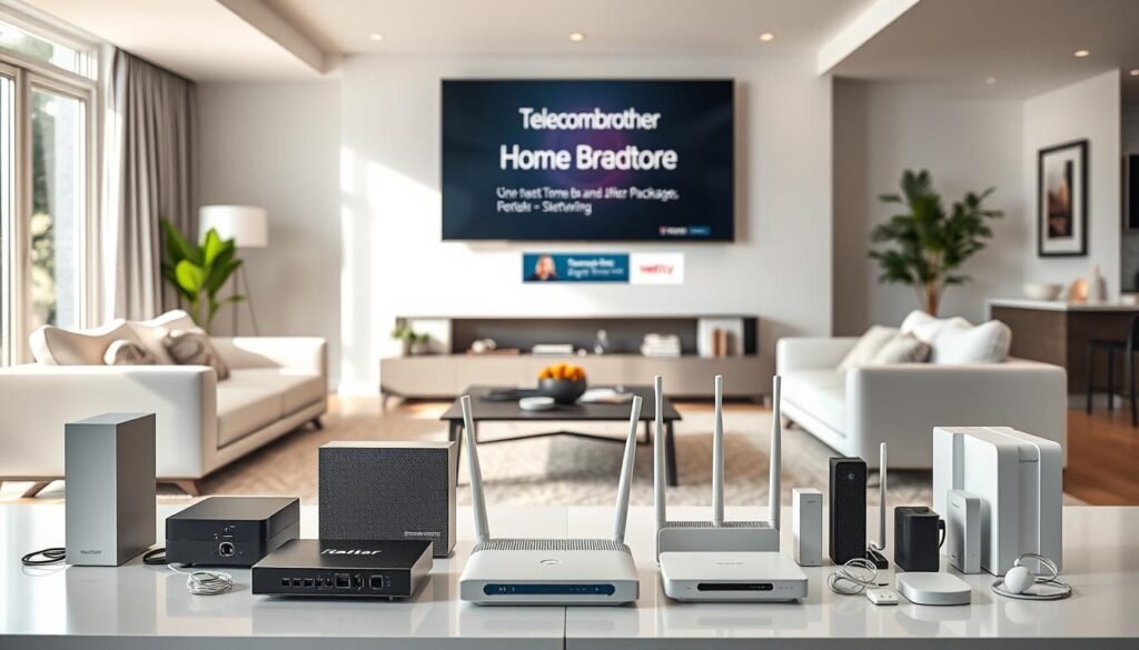 A modern, minimalist living room showcasing the latest Telecombrother home broadband equipment. Sleek white furniture, natural lighting, and a large TV display take center stage. In the foreground, an array of Telecombrother modems, routers, and networking accessories are artfully arranged, highlighting their premium design. The middle ground features a cozy seating area, with subtle hints of the broadband package details and promotional offers. The background subtly blends complementary home decor, creating a balanced and visually appealing scene that conveys the comfort and convenience of Telecombrother's high-speed internet solutions. A modern, minimalist living room showcasing the latest Telecombrother home broadband equipment. Sleek white furniture, natural lighting, and a large TV display take center stage. In the foreground, an array of Telecombrother modems, routers, and networking accessories are artfully arranged, highlighting their premium design. The middle ground features a cozy seating area, with subtle hints of the broadband package details and promotional offers. The background subtly blends complementary home decor, creating a balanced and visually appealing scene that conveys the comfort and convenience of Telecombrother's high-speed internet solutions.