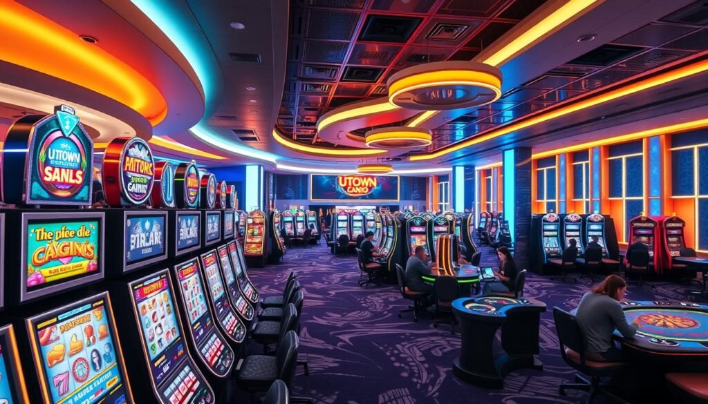 A modern, vibrant game hall featuring a wide variety of UTown casino games. The foreground showcases an array of digital slot machines, their screens flashing with colorful symbols and animations. In the middle ground, players engage in lively table games like blackjack and roulette, illuminated by warm overhead lighting. The background depicts a sleek, futuristic interior design with neon-accented walls and a high-tech ambiance, creating an immersive, high-energy atmosphere. The overall scene conveys the excitement and entertainment of the UTown casino experience. A modern, vibrant game hall featuring a wide variety of UTown casino games. The foreground showcases an array of digital slot machines, their screens flashing with colorful symbols and animations. In the middle ground, players engage in lively table games like blackjack and roulette, illuminated by warm overhead lighting. The background depicts a sleek, futuristic interior design with neon-accented walls and a high-tech ambiance, creating an immersive, high-energy atmosphere. The overall scene conveys the excitement and entertainment of the UTown casino experience.