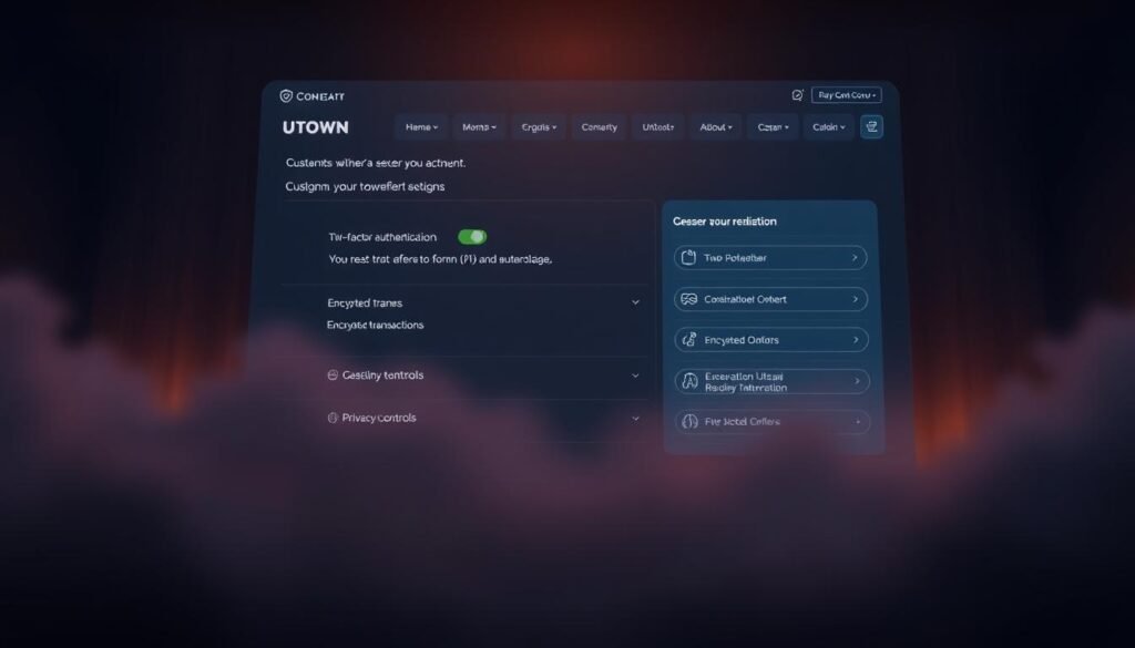 A secluded and tranquil UTown gaming account, its interface displaying various customizable security settings. The scene is bathed in a soft, warm glow, creating an atmosphere of trust and reliability. In the foreground, icons representing two-factor authentication, encrypted transactions, and privacy controls are prominently featured. The middle ground showcases sleek, minimal design elements, while the background subtly hints at the wider world of online entertainment beyond, conveying a sense of safety and stability within this digital domain. A secluded and tranquil UTown gaming account, its interface displaying various customizable security settings. The scene is bathed in a soft, warm glow, creating an atmosphere of trust and reliability. In the foreground, icons representing two-factor authentication, encrypted transactions, and privacy controls are prominently featured. The middle ground showcases sleek, minimal design elements, while the background subtly hints at the wider world of online entertainment beyond, conveying a sense of safety and stability within this digital domain.