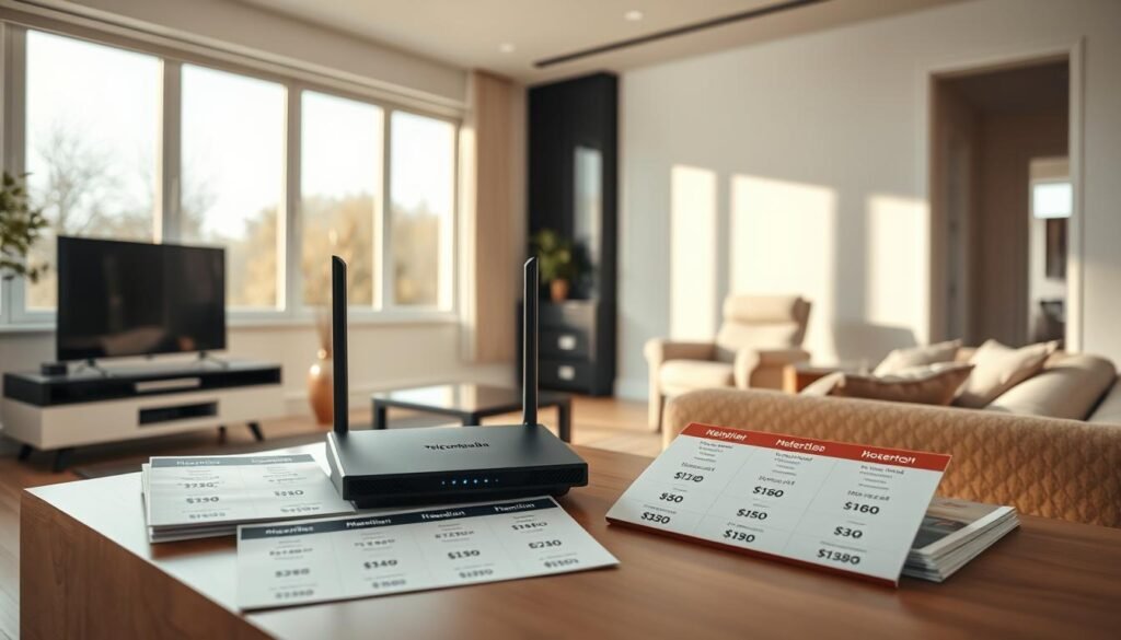 A sleek, modern living room with a prominently displayed home broadband router from the Telecombrother brand. The room is well-lit with natural light streaming in through large windows, casting a warm, inviting glow. In the foreground, a neatly organized side table showcases various broadband plans and pricing details, presenting a clear comparison of monthly fees. The middle ground features a comfortable sofa and armchair, creating a cozy atmosphere for content consumption. The background depicts a minimalist, clean-lined interior design, highlighting the importance of reliable, high-speed internet in a contemporary home setting. A sleek, modern living room with a prominently displayed home broadband router from the Telecombrother brand. The room is well-lit with natural light streaming in through large windows, casting a warm, inviting glow. In the foreground, a neatly organized side table showcases various broadband plans and pricing details, presenting a clear comparison of monthly fees. The middle ground features a comfortable sofa and armchair, creating a cozy atmosphere for content consumption. The background depicts a minimalist, clean-lined interior design, highlighting the importance of reliable, high-speed internet in a contemporary home setting.