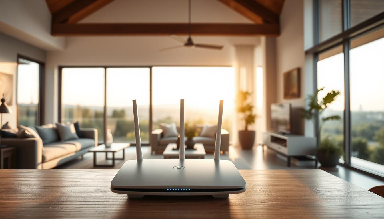 A sophisticated and contemporary home interior, bathed in warm natural light. In the foreground, a sleek and minimalist Telecombrother router stands prominently, representing the cutting-edge technology powering the high-speed internet connection. The middle ground showcases a cozy living area with plush furniture, tasteful decor, and large windows overlooking a lush outdoor landscape. Subtle hues of gray, white, and wood tones create a serene and harmonious atmosphere. The background features a muted, blurred view of the cityscape, emphasizing the home's urban setting and the importance of reliable, high-quality broadband services. The overall composition conveys a sense of comfort, connectivity, and the perfect balance between modern living and the natural world.