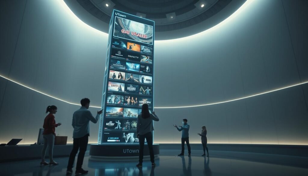 A surreal futuristic scene of a UTown AI-powered game recommendation system. In the foreground, a towering holographic display showcases a diverse array of gaming options, with sleek interfaces and vibrant visuals. In the middle ground, users interact with the system through intuitive gesture controls, their movements tracked by advanced sensors. The background features a sleek, minimalist UTown environment, with clean lines, muted tones, and subtle ambient lighting that creates a sense of technological sophistication. The overall mood is one of innovation, immersion, and a seamless fusion of human and machine in the gaming experience. A surreal futuristic scene of a UTown AI-powered game recommendation system. In the foreground, a towering holographic display showcases a diverse array of gaming options, with sleek interfaces and vibrant visuals. In the middle ground, users interact with the system through intuitive gesture controls, their movements tracked by advanced sensors. The background features a sleek, minimalist UTown environment, with clean lines, muted tones, and subtle ambient lighting that creates a sense of technological sophistication. The overall mood is one of innovation, immersion, and a seamless fusion of human and machine in the gaming experience.