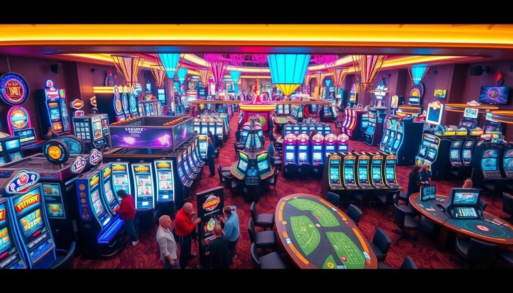 A vast and vibrant game hall with an array of captivating UTown casino games. The scene is bathed in a warm, inviting glow, with sleek, modern cabinets and terminals arranged in a dynamic, eye-catching layout. In the foreground, a group of players engages with a variety of slot machines, their faces lit by the mesmerizing displays. The middle ground features tables for classic table games like blackjack and roulette, where patrons concentrate intently on their wagers. The background is adorned with neon signage and vibrant decorations, creating an atmosphere of excitement and entertainment. The overall impression is one of a truly diverse and immersive gaming experience at the UTown entertainment complex. A vast and vibrant game hall with an array of captivating UTown casino games. The scene is bathed in a warm, inviting glow, with sleek, modern cabinets and terminals arranged in a dynamic, eye-catching layout. In the foreground, a group of players engages with a variety of slot machines, their faces lit by the mesmerizing displays. The middle ground features tables for classic table games like blackjack and roulette, where patrons concentrate intently on their wagers. The background is adorned with neon signage and vibrant decorations, creating an atmosphere of excitement and entertainment. The overall impression is one of a truly diverse and immersive gaming experience at the UTown entertainment complex.