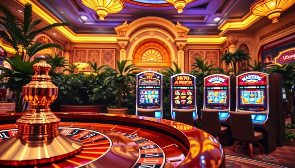 A vibrant casino-themed scene showcasing the most popular games at UTown, a premier Asian entertainment destination. In the foreground, a stylized roulette wheel spins, its polished wood and gleaming metal reflecting the warm, atmospheric lighting. In the middle ground, a row of slot machines stand ready, their screens displaying classic fruit symbols and dazzling animations. In the background, a lavish backdrop of ornate architectural details and lush greenery sets the scene, evoking the grandeur and excitement of a top-tier gaming establishment. The overall mood is one of energy, anticipation, and the promise of thrilling entertainment. A vibrant casino-themed scene showcasing the most popular games at UTown, a premier Asian entertainment destination. In the foreground, a stylized roulette wheel spins, its polished wood and gleaming metal reflecting the warm, atmospheric lighting. In the middle ground, a row of slot machines stand ready, their screens displaying classic fruit symbols and dazzling animations. In the background, a lavish backdrop of ornate architectural details and lush greenery sets the scene, evoking the grandeur and excitement of a top-tier gaming establishment. The overall mood is one of energy, anticipation, and the promise of thrilling entertainment.