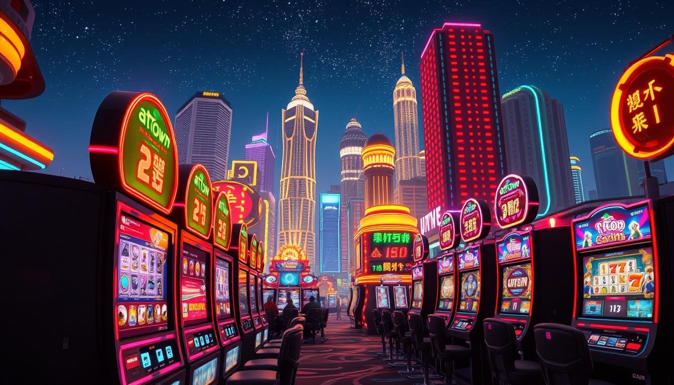 Detailed, dynamic UTown "atg電子線上老虎機遊戲" scene. Vibrant neon lights illuminate the foreground, highlighting the sleek, modern slot machines. In the middle ground, immersive 3D game graphics captivate players, while the background showcases the bustling UTown cityscape, with towering skyscrapers and a night sky twinkling with stars. Cinematic camera angle emphasizes the excitement and energy of the gaming experience. Crisp, high-definition rendering captures the allure of the UTown casino environment.