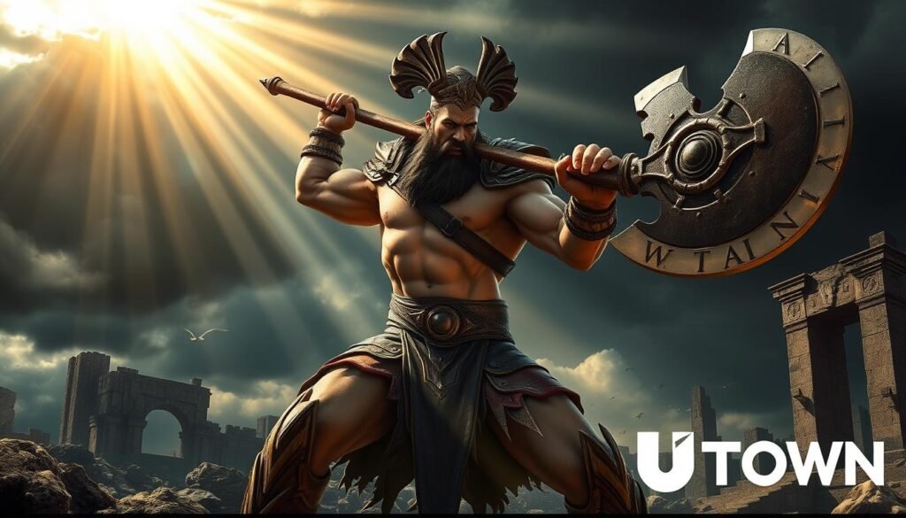 Vivid battle scene of the powerful god of war, Ares, also known as "Sett" or "戰神賽特", in a dramatic pose wielding a massive two-handed battle axe. Rays of golden light pierce through dark storm clouds, illuminating Ares' muscular physique and fierce expression. UTown branding visible on his armor and weapon, suggesting this is a promotional image for a video game featuring the character. Rugged, weathered terrain in the background with crumbling ruins, adding to the sense of epic conflict.