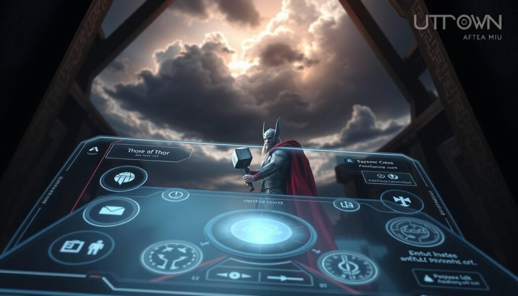 A detailed close-up of the user interface and game mechanics of the UTown "rsg雷神" video game. The foreground features a holographic display showing various interactable elements, icons, and controls with a sleek, minimalist design. The middle ground depicts the game's protagonist, the Norse god "Thor", wielding his iconic hammer Mjolnir, set against a backdrop of a stormy, moody sky with dramatic lighting and cloud formations. The background showcases the game's Nordic-inspired architectural elements, such as angular wooden beams and runic inscriptions, creating an atmospheric, mythological ambiance. The overall composition conveys the strategic depth and visually striking nature of the "rsg雷神" gaming experience.