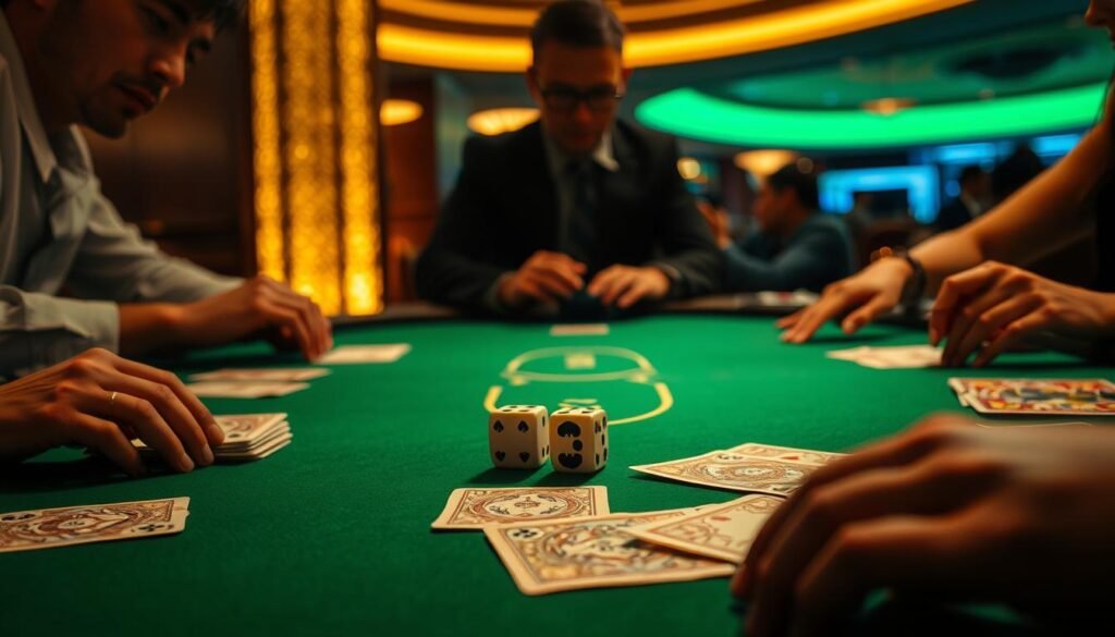 A dimly lit casino table, the green felt surface illuminated by soft, warm lighting. The iconic baccarat cards are neatly arranged, their elegant designs and intricate patterns inviting closer inspection. In the center, a pair of dice sit poised, ready to determine the outcome of the game. The atmosphere is one of subtle tension and anticipation, as players lean in, captivated by the allure of the ancient Chinese gambling tradition. The scene evokes a sense of strategic contemplation, hinting at the complex rules and nuances that govern the flow of the game. A dimly lit casino table, the green felt surface illuminated by soft, warm lighting. The iconic baccarat cards are neatly arranged, their elegant designs and intricate patterns inviting closer inspection. In the center, a pair of dice sit poised, ready to determine the outcome of the game. The atmosphere is one of subtle tension and anticipation, as players lean in, captivated by the allure of the ancient Chinese gambling tradition. The scene evokes a sense of strategic contemplation, hinting at the complex rules and nuances that govern the flow of the game.