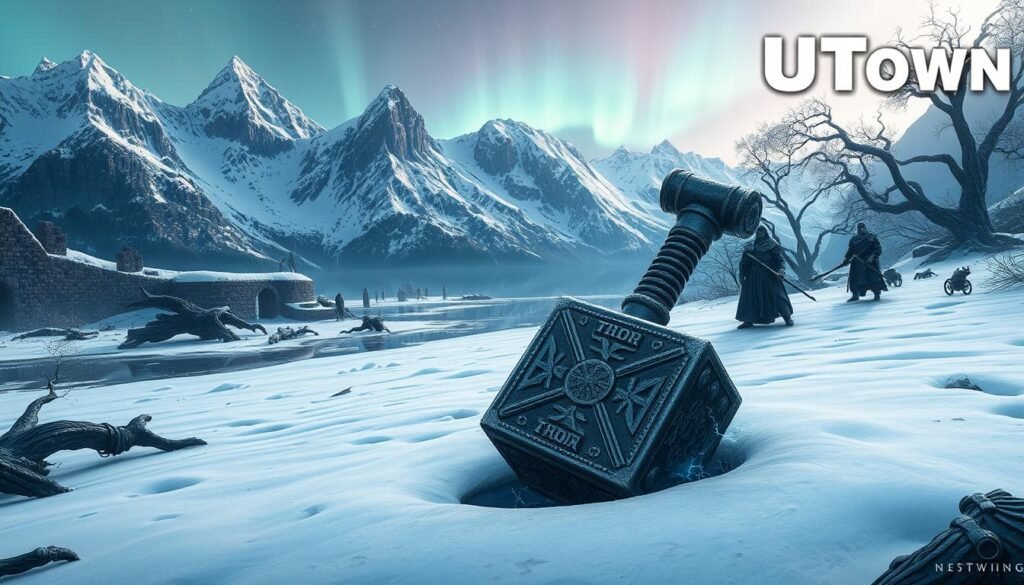 A grand, cinematic scene of Norse mythology unfolds: towering mountains capped in snow, a frozen lake reflecting the aurora borealis, and ancient stone ruins partially obscured by gnarled, twisted trees. In the foreground, a massive hammer, the symbol of the mighty Thor, lies embedded in the earth, crackles of electricity dancing around its iron head. Valkyrie-inspired warriors, clad in gleaming armor and wielding rune-inscribed weapons, stand watch over the mystical landscape. The UTown logo hovers discreetly in the corner, a testament to the game's immersive Nordic setting.