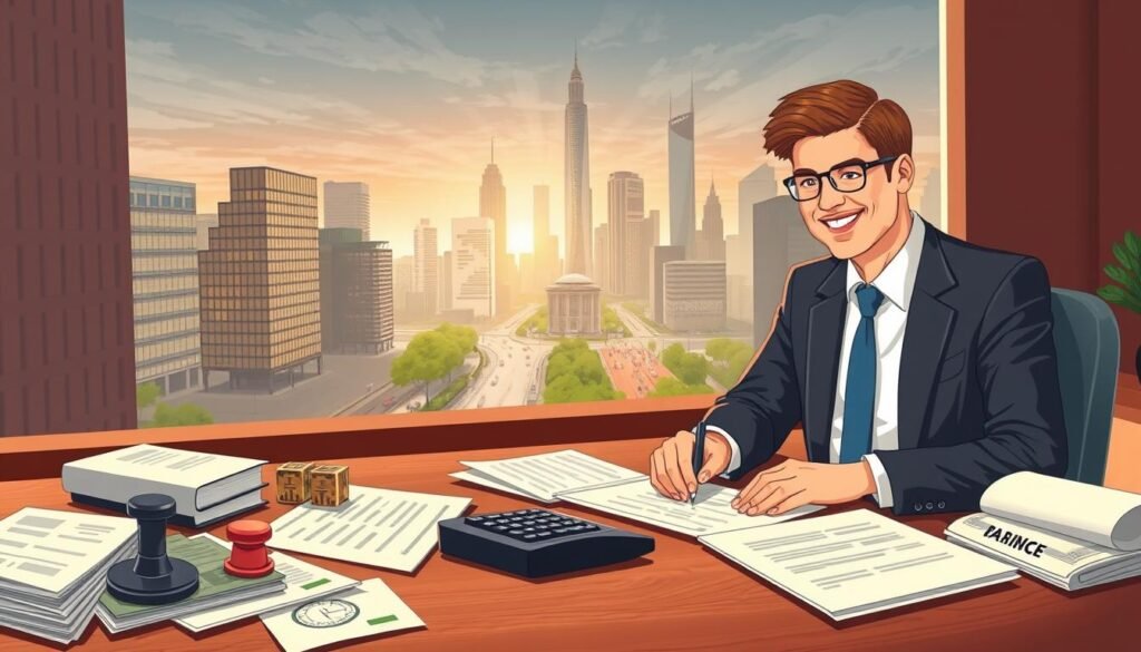 A well-lit and detailed illustration showcasing the private lending process. In the foreground, a friendly loan officer sits at a desk, reviewing documents with a client. The middle ground depicts various financial documents, stamps, and a calculator, conveying the administrative aspects. In the background, a cityscape with modern skyscrapers and bustling streets, symbolizing the broader economic context. The overall scene exudes professionalism, efficiency, and a sense of trust between the lender and borrower, reflecting the unique features of private lending as an alternative to traditional banking. A well-lit and detailed illustration showcasing the private lending process. In the foreground, a friendly loan officer sits at a desk, reviewing documents with a client. The middle ground depicts various financial documents, stamps, and a calculator, conveying the administrative aspects. In the background, a cityscape with modern skyscrapers and bustling streets, symbolizing the broader economic context. The overall scene exudes professionalism, efficiency, and a sense of trust between the lender and borrower, reflecting the unique features of private lending as an alternative to traditional banking.