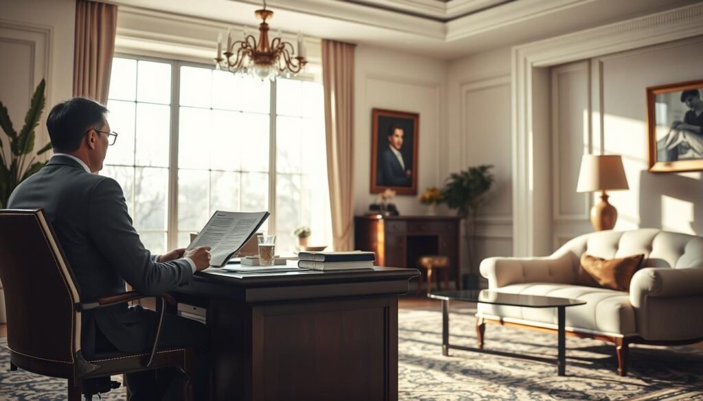 A well-lit, realistic scene showcasing the concept of private lending. In the foreground, a person sitting at a desk, reviewing financial documents and discussing terms with another person across the table. The middle ground features elegant office furniture and decor, conveying a professional, yet approachable atmosphere. In the background, large windows allow natural light to flood the space, creating a sense of openness and transparency. The overall mood is one of trust, collaboration, and financial empowerment, capturing the essence of private lending as a viable alternative when traditional banking options are unavailable. A well-lit, realistic scene showcasing the concept of private lending. In the foreground, a person sitting at a desk, reviewing financial documents and discussing terms with another person across the table. The middle ground features elegant office furniture and decor, conveying a professional, yet approachable atmosphere. In the background, large windows allow natural light to flood the space, creating a sense of openness and transparency. The overall mood is one of trust, collaboration, and financial empowerment, capturing the essence of private lending as a viable alternative when traditional banking options are unavailable.
