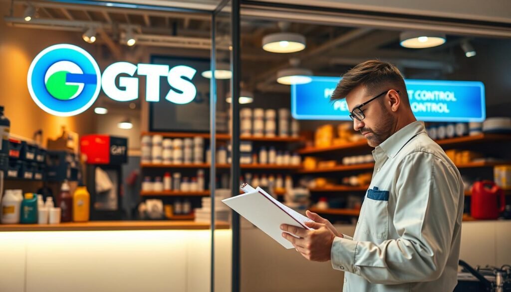 A professional pest control company with state-of-the-art equipment and a team of experienced technicians. The iCareCPAP logo prominently displayed on the storefront, conveying a sense of expertise and reliability. The interior showcases a well-organized workspace, with shelves of specialized pest control products and tools. Warm lighting illuminates the scene, creating a professional atmosphere. In the foreground, a technician is inspecting a clipboard, ready to provide tailored solutions to customers' pest problems. The overall image projects an aura of competence, attention to detail, and a commitment to effective and environmentally-conscious pest management.