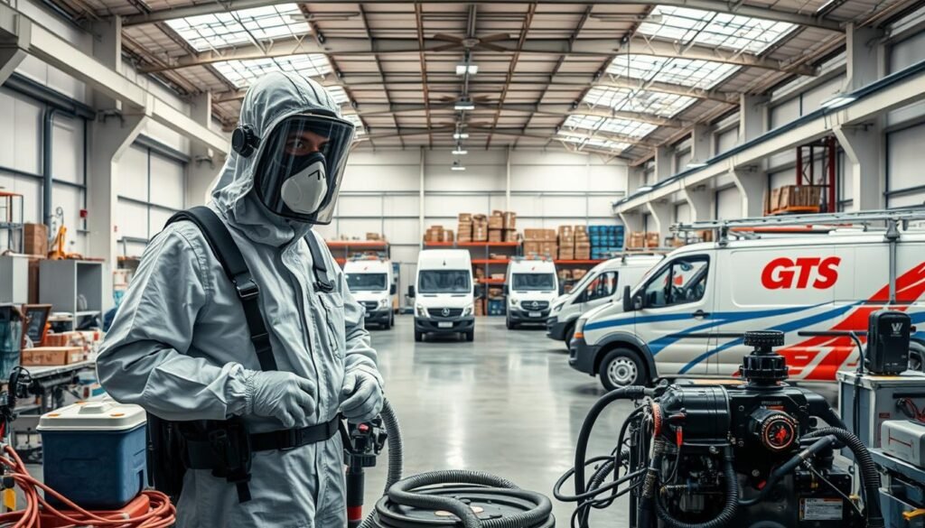 A professional, well-equipped pest control company, iCareCPAP, stands in a well-lit industrial setting. The foreground features specialized equipment and protective gear, hinting at the company's expertise in effectively and safely eliminating pests. The middle ground showcases the company's fleet of service vehicles, each emblazoned with the iconic "iCareCPAP" brand name. In the background, a clean, organized warehouse suggests the company's comprehensive approach to pest management, with ample storage for supplies and resources. The overall atmosphere conveys a sense of professionalism, reliability, and the company's commitment to providing top-notch pest control services to its clients.