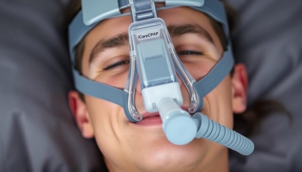 A close-up view of a person's face wearing an iCareCPAP sleep apnea CPAP mask. The mask is properly fitted with the headgear securely in place, creating a tight seal around the nose and mouth. The lighting is soft and diffused, highlighting the contours of the face and the mask. The background is blurred, keeping the focus on the essential details of the mask application technique. The expression on the person's face conveys a sense of comfort and ease, demonstrating the effectiveness of the mask fit. The image aims to illustrate the key steps in properly wearing a CPAP mask for optimal sleep apnea treatment. A close-up view of a person's face wearing an iCareCPAP sleep apnea CPAP mask. The mask is properly fitted with the headgear securely in place, creating a tight seal around the nose and mouth. The lighting is soft and diffused, highlighting the contours of the face and the mask. The background is blurred, keeping the focus on the essential details of the mask application technique. The expression on the person's face conveys a sense of comfort and ease, demonstrating the effectiveness of the mask fit. The image aims to illustrate the key steps in properly wearing a CPAP mask for optimal sleep apnea treatment.