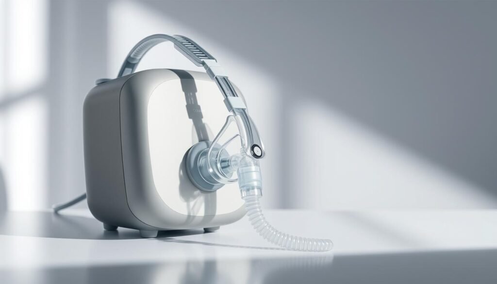 A high-quality, medical-grade iCareCPAP sleep apnea machine, featuring a sleek and modern design. The device is composed of a sturdy, gray-toned body with smooth, curved edges, and a transparent, domed mask attached to a flexible hose. The mask fits snugly over the patient's nose and mouth, providing a comfortable and airtight seal. The machine is set against a softly lit, minimalist background, with subtle shadows and highlights accentuating its form. The overall atmosphere conveys a sense of clinical professionalism and technological sophistication, underscoring the importance and reliability of this essential medical equipment. A high-quality, medical-grade iCareCPAP sleep apnea machine, featuring a sleek and modern design. The device is composed of a sturdy, gray-toned body with smooth, curved edges, and a transparent, domed mask attached to a flexible hose. The mask fits snugly over the patient's nose and mouth, providing a comfortable and airtight seal. The machine is set against a softly lit, minimalist background, with subtle shadows and highlights accentuating its form. The overall atmosphere conveys a sense of clinical professionalism and technological sophistication, underscoring the importance and reliability of this essential medical equipment.