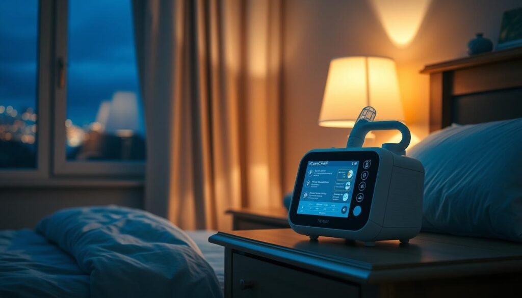A serene bedroom scene with a bedside table featuring an iCareCPAP sleep apnea machine, its display screen illuminated with usage instructions. Soft, warm lighting casts a comforting glow, while a nearby window reveals a tranquil nighttime landscape. The machine is positioned prominently, indicating its importance in the space. The overall atmosphere conveys a sense of restful harmony, with careful attention paid to the machine's design and placement to create a visually appealing and informative illustration for the article. A serene bedroom scene with a bedside table featuring an iCareCPAP sleep apnea machine, its display screen illuminated with usage instructions. Soft, warm lighting casts a comforting glow, while a nearby window reveals a tranquil nighttime landscape. The machine is positioned prominently, indicating its importance in the space. The overall atmosphere conveys a sense of restful harmony, with careful attention paid to the machine's design and placement to create a visually appealing and informative illustration for the article.