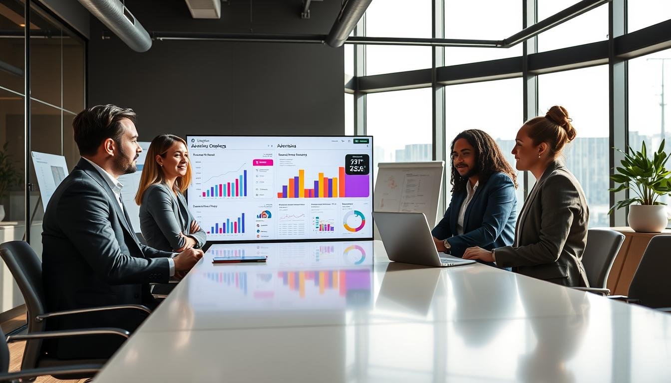 A dynamic office scene illustrating effective advertising strategies. In the foreground, a diverse group of three professionals, dressed in smart business attire, discuss strategies around a sleek conference table. Their expressions are engaged and thoughtful. In the middle ground, a large digital screen displays colorful analytics and advertising campaign graphs, highlighting key metrics and audience insights. The background features a modern office environment with large windows letting in natural light that creates a bright, positive atmosphere. The room is equipped with contemporary technology, including laptops and digital whiteboards. The overall mood is focused and collaborative, emphasizing the importance of strategic advertising in a professional setting, shot with a wide-angle lens to capture the collaborative essence of the scene.