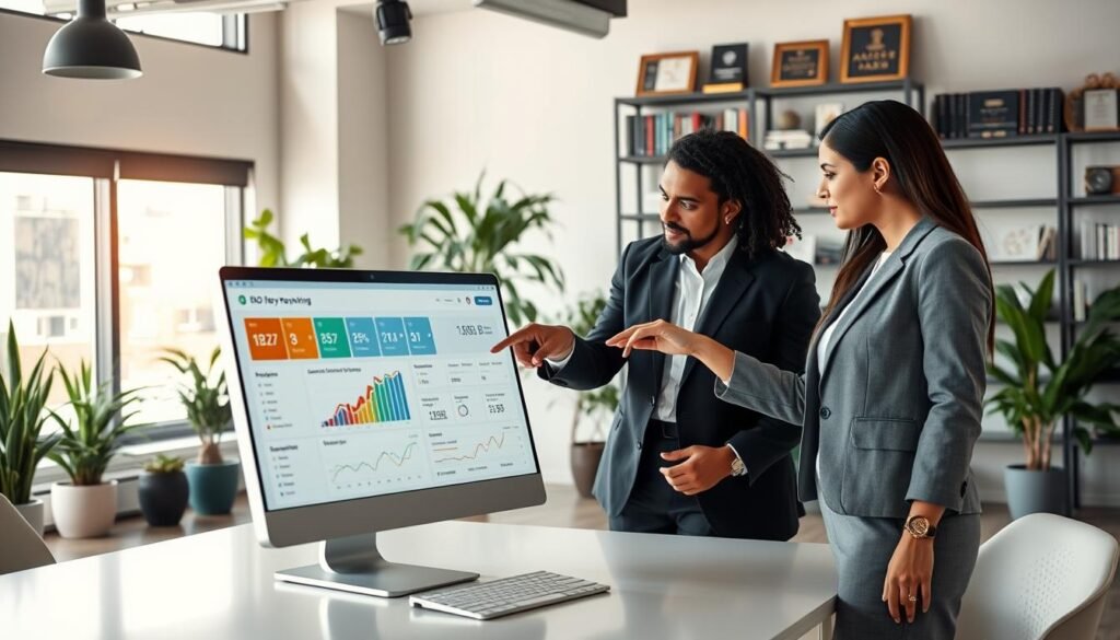 A modern workspace featuring a sleek, high-tech desktop with a display screen showing a colorful, dynamic interface of an SEO keyword ranking tool, illustrating various metrics and charts. In the foreground, a diverse group of three professionals in business attire—one man and two women—are collaboratively discussing the displayed data, pointing at a specific chart. The middle ground reveals a stylish office environment with potted plants and natural light streaming in through large windows, creating an inviting atmosphere. The background should include shelves filled with books and awards related to marketing and technology, enhancing the professional setting. Soft, diffused lighting highlights the faces of the individuals and the glowing screen, conveying an atmosphere of innovation and teamwork.