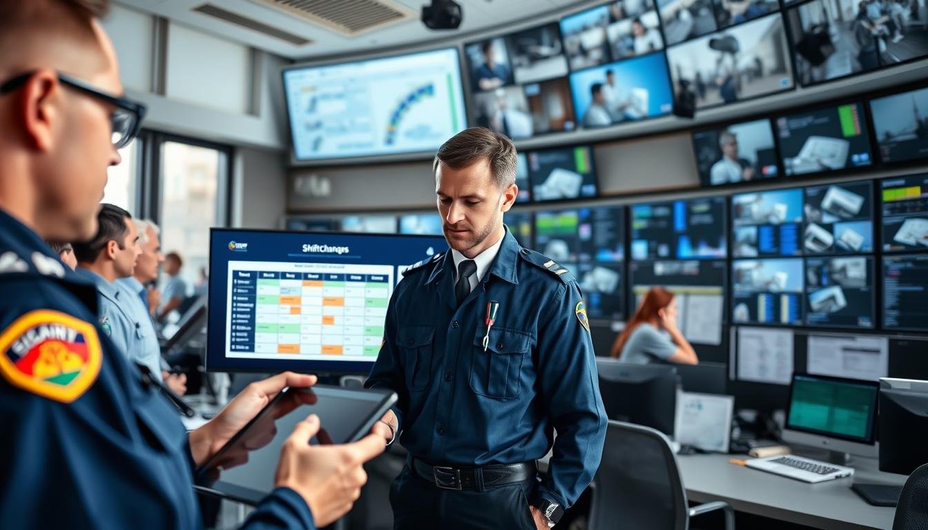 A professional security management scene in a control room, featuring a diverse team of security personnel strategically coordinating shift schedules. In the foreground, a focused male officer in a navy uniform reviews a digital tablet, displaying shift management software. The middle ground showcases a large wall-mounted screen with a colorful, clear graphic of the team's schedule and shift changes. In the background, an organized office space with charts and security monitors displaying camera feeds, creating a busy yet efficient atmosphere. Natural light filters in through large windows, enhancing a sense of professionalism and teamwork. Capture this dynamic moment with a soft focus, emphasizing collaboration and discipline within the security operations.