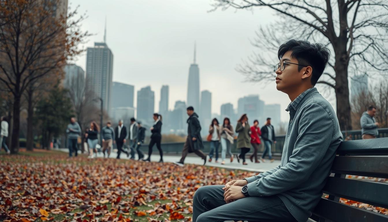 A serene yet somber urban environment depicting the multifaceted landscape of environmental factors influencing depression. In the foreground, a young person of Asian descent, dressed in smart casual clothing, sits on a park bench with a contemplative expression, surrounded by scattered leaves and the remnants of autumn. In the middle ground, a diverse group of individuals walks by, immersed in their routines, with subtle expressions of stress and fatigue. The background features a skyline of tall buildings, overshadowed by a gray overcast sky, suggesting isolation amidst urban life. Soft, diffused lighting enhances the introspective mood, while a slight fog adds an air of melancholy. Capture this scene from a slightly elevated angle to provide a comprehensive view of the environment's impact on mental health.
