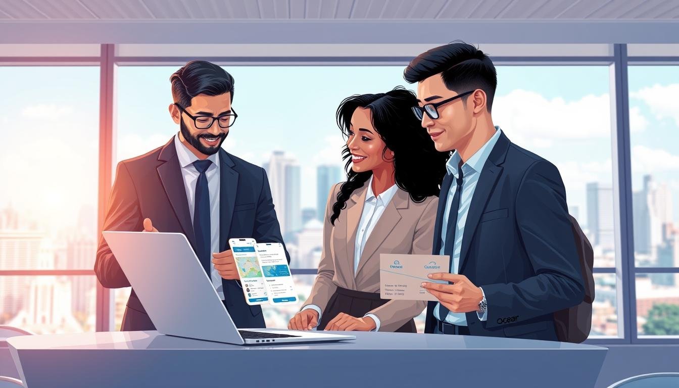A vibrant and modern digital illustration of "OceanEsim 全球漫遊服務," featuring a professional team of business people in smart casual attire discussing overseas travel. In the foreground, two diverse individuals carefully review a smartphone displaying an app interface with maps and booking options, showcasing their engagement. The middle ground reveals a sleek laptop on a table, highlighting features of the OceanEsim service, such as destination options and verification codes. In the background, large windows offer a panoramic view of a bustling city skyline, suggesting global connectivity and travel aspirations. The lighting is bright and inviting, creating a positive, optimistic atmosphere. The angle is slightly elevated, providing a clear perspective of the people and technology interaction, conveying the advantages and unique features of OceanEsim's services.