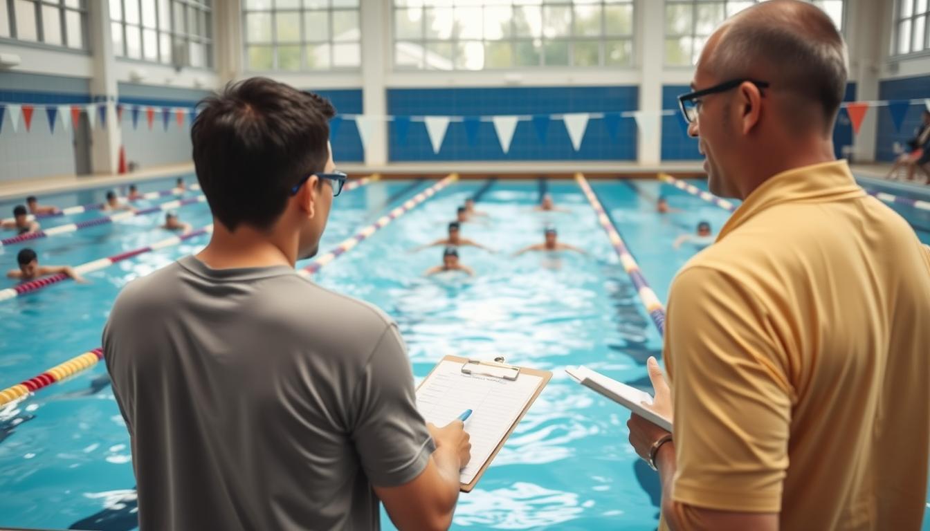 A vibrant swimming training session at a community swim club, showcasing diverse swimmers focused on their techniques. In the foreground, a coach with a whistle and clipboard gestures to a group of swimmers taking their positions at the edge of the pool, all in modest athletic attire. The middle ground features swimmers actively practicing strokes and techniques in the clear, blue water, demonstrating determination and teamwork. The background includes a bright, well-lit indoor swimming facility with high glass windows allowing natural light to illuminate the scene. The mood is energetic and motivational, emphasizing the importance of learning and improvement in swimming. The perspective is slightly angled to capture both the coach and the swimmers dynamically. The overall atmosphere conveys a sense of community, support, and dedication to the sport.
