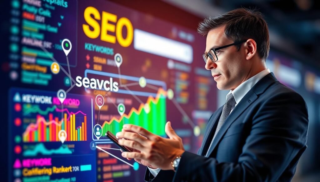 A visually striking illustration depicting the importance of SEO keyword ranking in search engine results. In the foreground, a professional businessperson, dressed in smart attire, is examining a digital screen showing colorful graphs and charts, highlighting search engine rankings. The middle ground features various SEO-related icons, such as keywords and analytics tools, interconnected with lines, symbolizing their relationship. In the background, a blurred abstract representation of a search engine with glowing results pages, emphasizing the competitive nature of online visibility. Use bright, engaging colors with a soft focus effect to evoke a sense of innovation and urgency. The lighting should be bright and modern, capturing a sense of clarity and intelligence. The atmosphere is dynamic, conveying the fast-paced world of digital marketing and optimization.