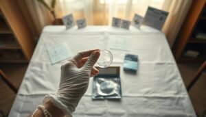 A detailed instructional image illustrating the correct use of a condom. In the foreground, a pair of hands wearing medical gloves holds a condom, demonstrating safe handling. The middle ground features a clean, neatly arranged table with an open condom package, highlighting the process of opening it safely. In the background, soft, warm lighting creates a cozy atmosphere, with faint outlines of educational materials symbolizing health and safety. The composition is framed in a 4:3 aspect ratio, evoking a professional and informative mood, perfect for educational purposes. The scene is free of any text or branding, focusing purely on a respectful and clear depiction of safe practices.
