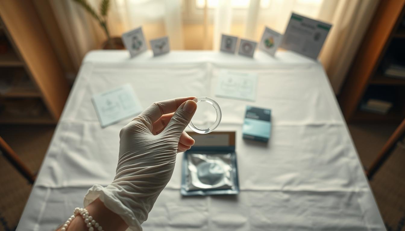 A detailed instructional image illustrating the correct use of a condom. In the foreground, a pair of hands wearing medical gloves holds a condom, demonstrating safe handling. The middle ground features a clean, neatly arranged table with an open condom package, highlighting the process of opening it safely. In the background, soft, warm lighting creates a cozy atmosphere, with faint outlines of educational materials symbolizing health and safety. The composition is framed in a 4:3 aspect ratio, evoking a professional and informative mood, perfect for educational purposes. The scene is free of any text or branding, focusing purely on a respectful and clear depiction of safe practices.