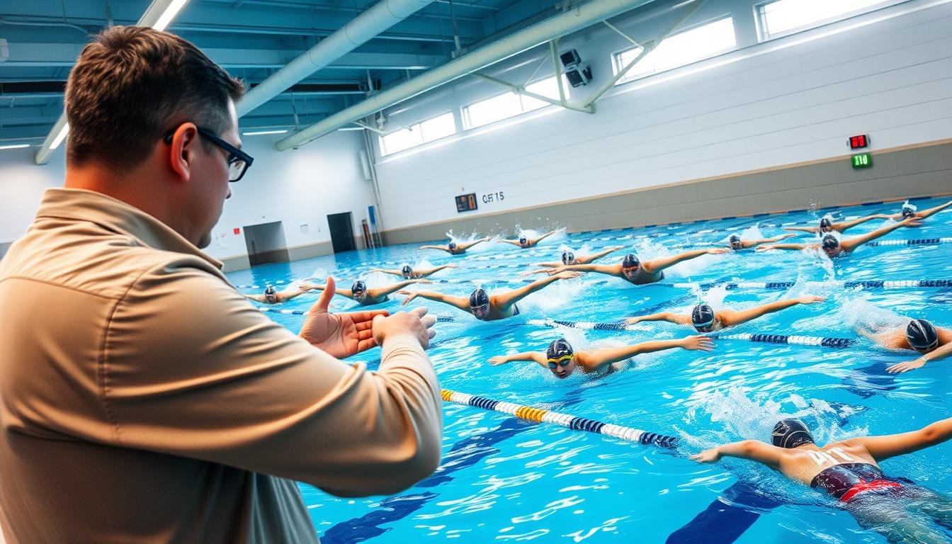 A dynamic scene of a professional swimming training session featuring multiple advanced swimmers practicing butterfly stroke techniques in a modern indoor pool. The foreground showcases an experienced coach providing guidance, dressed in smart casual attire, with a focus on demonstrating proper techniques. In the middle background, several swimmers execute the butterfly stroke with precision, showcasing powerful arm movements and strong kicks, while water splashes around them. The overhead lighting is bright and clear, emphasizing the energy and focus of the training environment. The atmosphere is intense yet encouraging, reflecting a sense of dedication and discipline among the participants. The pool area is equipped with high-tech training aids and a timer clock visible in the background, enhancing the professionalism of the scene.