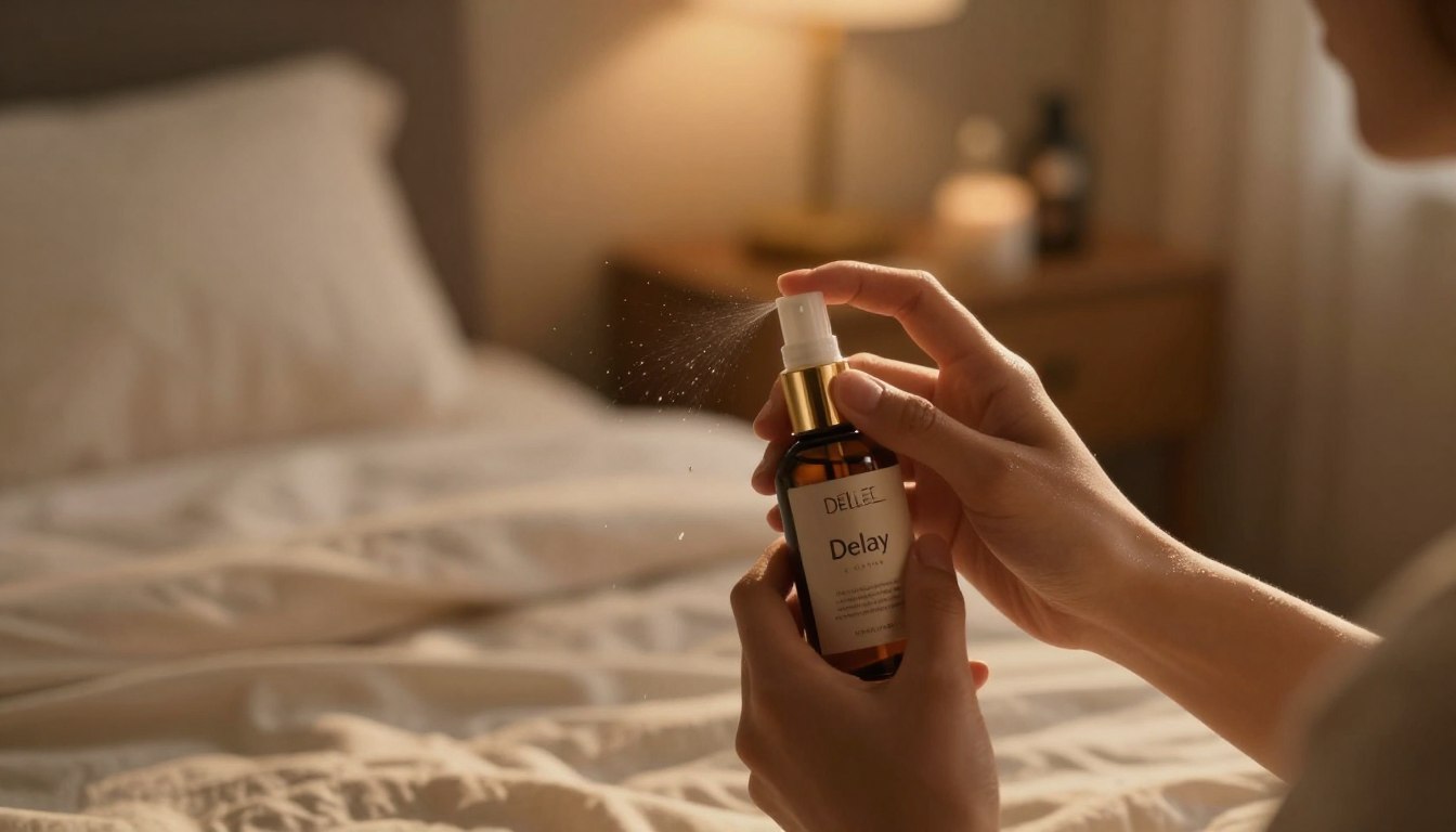 An elegant and informative scene showcasing the usage of a topical delay spray. In the foreground, a close-up of hands applying the spray from a stylish bottle, with droplets glistening in the warm light. The middle ground features a serene, softly lit bedroom setting, decorated with soft fabrics and a cozy ambiance, hinting at a romantic moment. The background includes a subtle blurred view of a bedside table with additional well-organized grooming products, creating an atmosphere of intimacy and care. The lighting is warm and inviting, enhancing the cinematic vibe. The composition is in a 4:3 aspect ratio, emphasizing a professional yet cozy environment, perfect for illustrating the definition and effects of delay sprays.