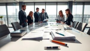 A visually engaging image illustrating the company application document preparation process. In the foreground, a diverse group of professionals in smart business attire, discussing and reviewing documents on a sleek conference table. In the middle ground, an organized array of essential documents like business plans, forms, and checklists, accompanied by office supplies such as pens and a laptop. The background features a modern office environment with large windows allowing natural sunlight to pour in, creating a bright and inviting atmosphere. Soft shadows cast across the scene enhance the sense of professionalism. The overall mood is focused and collaborative, reflecting the importance of meticulous preparation in the company registration process.