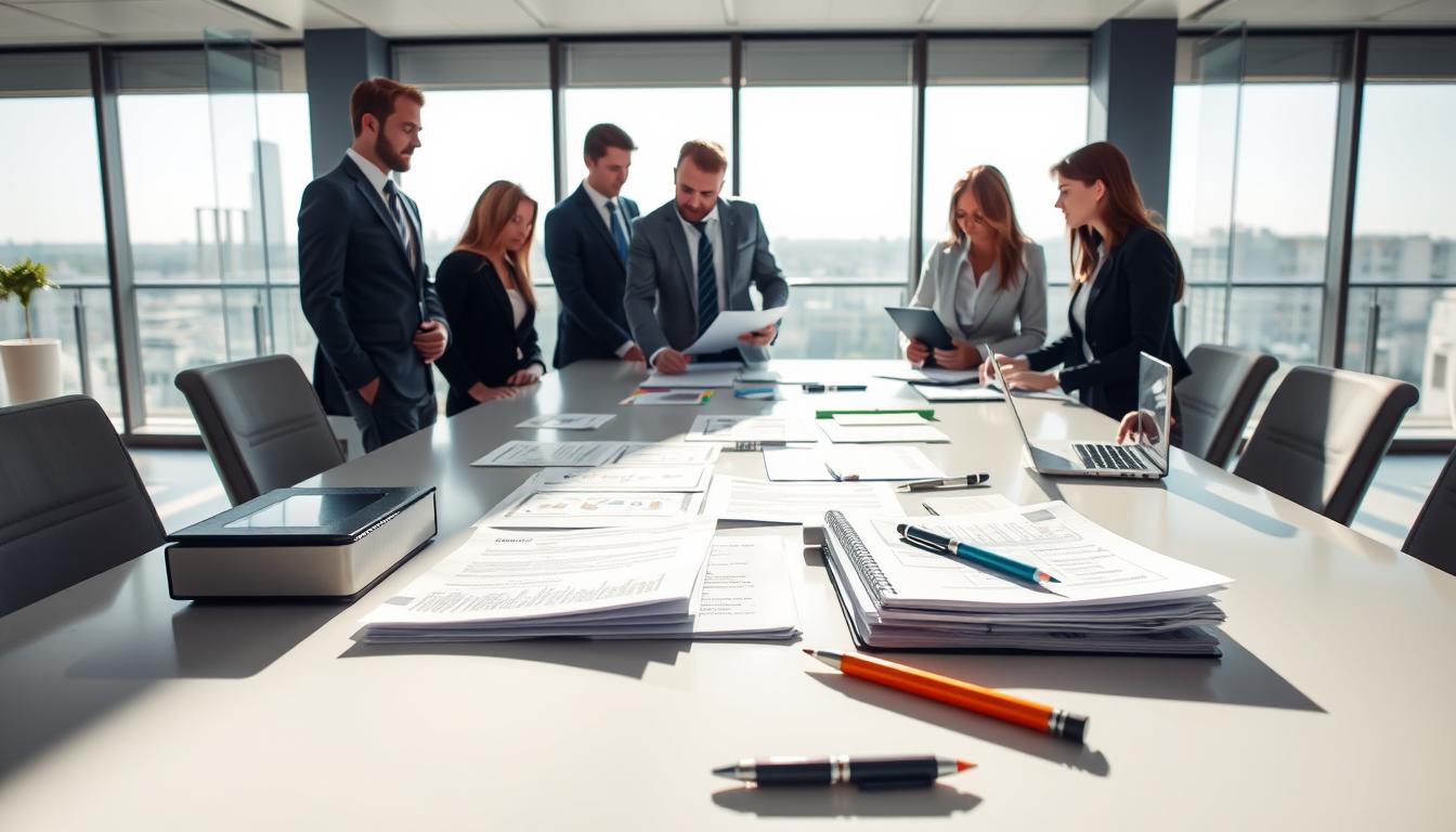 A visually engaging image illustrating the company application document preparation process. In the foreground, a diverse group of professionals in smart business attire, discussing and reviewing documents on a sleek conference table. In the middle ground, an organized array of essential documents like business plans, forms, and checklists, accompanied by office supplies such as pens and a laptop. The background features a modern office environment with large windows allowing natural sunlight to pour in, creating a bright and inviting atmosphere. Soft shadows cast across the scene enhance the sense of professionalism. The overall mood is focused and collaborative, reflecting the importance of meticulous preparation in the company registration process.