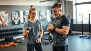 A certified sports therapist guides a local marathon runner through progressive muscle resistance training. In the foreground, the therapist, dressed in professional athletic attire, demonstrates proper lifting techniques with small weights, showcasing a focused and encouraging expression. The runner, in modest activewear, follows the instructions attentively, showing determination. In the middle ground, various exercise equipment like resistance bands and free weights are neatly arranged, emphasizing a training environment. The background features a well-lit gym with motivational posters and large windows allowing natural light to flood in, creating an inviting atmosphere. The mood conveys professionalism and dedication to rehabilitation, capturing the essence of progressive training methods for treating chronic knee issues.