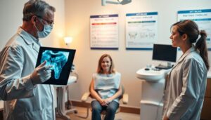 A dental clinic scene focusing on the concept of root canal therapy follow-up importance. In the foreground, a professional dentist in a white coat and surgical gloves examines a dental X-ray on a lightbox, showcasing details of a root canal. In the middle, a dental chair is positioned with a patient seated, looking calm and attentive, wearing a protective dental bib. On the background wall, there are informative dental posters highlighting treatment timelines and aftercare, softly illuminated. The setting has warm, bright lighting to create a welcoming atmosphere. The lens is set for a slightly angled view, capturing both the dentist and patient in conversation, emphasizing the importance of follow-up appointments in dental care.