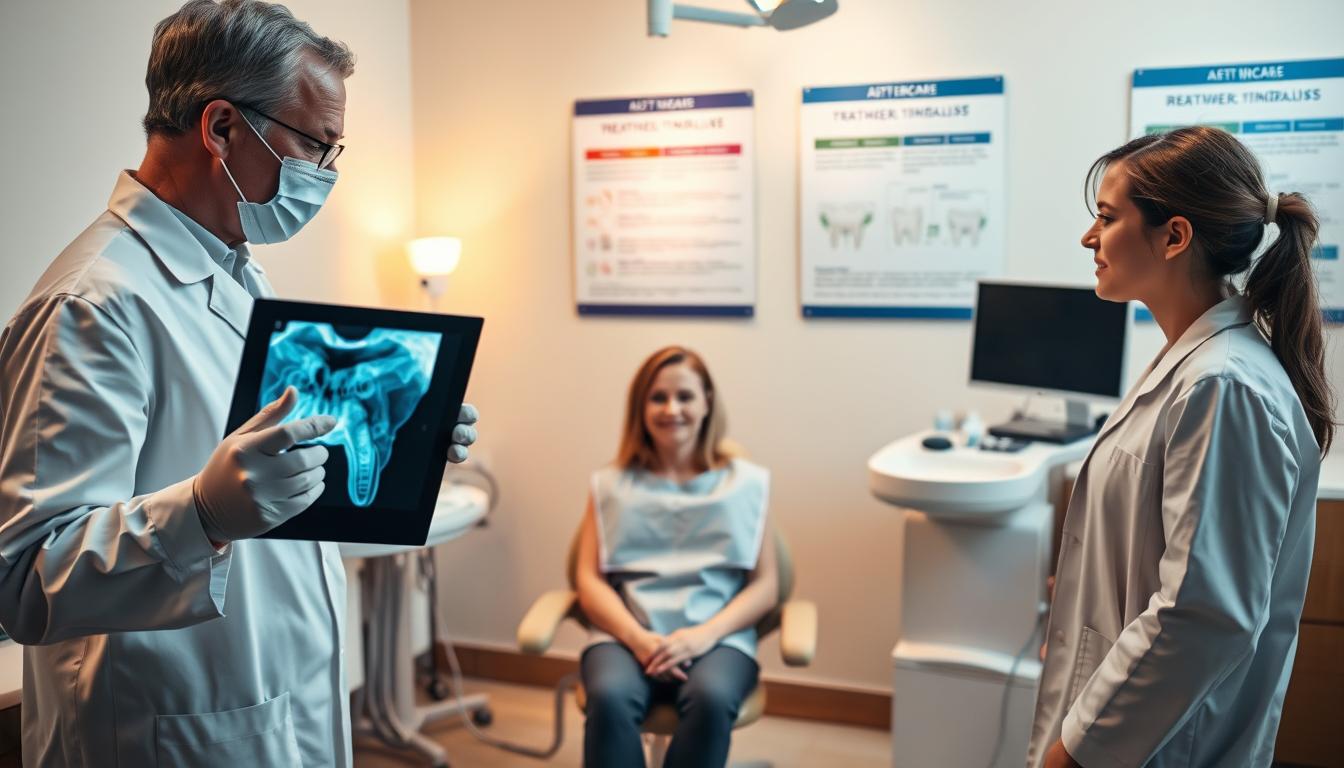 A dental clinic scene focusing on the concept of root canal therapy follow-up importance. In the foreground, a professional dentist in a white coat and surgical gloves examines a dental X-ray on a lightbox, showcasing details of a root canal. In the middle, a dental chair is positioned with a patient seated, looking calm and attentive, wearing a protective dental bib. On the background wall, there are informative dental posters highlighting treatment timelines and aftercare, softly illuminated. The setting has warm, bright lighting to create a welcoming atmosphere. The lens is set for a slightly angled view, capturing both the dentist and patient in conversation, emphasizing the importance of follow-up appointments in dental care.