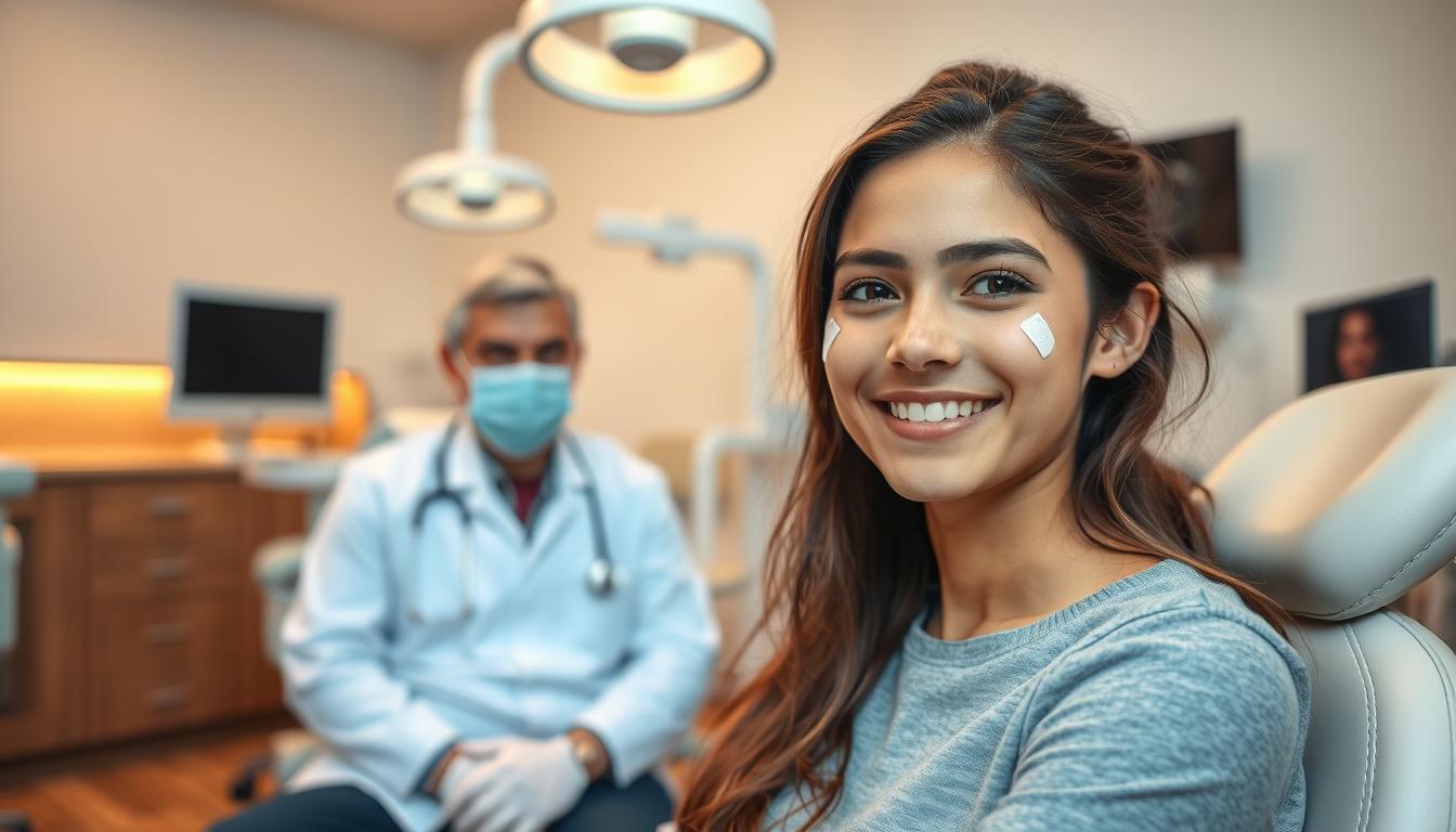 A detailed representation of the recovery process after wisdom tooth extraction, showcasing a young adult sitting comfortably in a modern dental clinic environment. The foreground features the person smiling gently, with a dental bandage visible on their cheek to indicate recent surgery. The middle ground includes a dental chair and an attentive dentist in professional attire offering reassurance. In the background, subtle hints of medical equipment and soothing lighting create a calm atmosphere, highlighting the importance of a supportive environment during recovery. The overall mood is optimistic and focused on healing, portrayed in warm lighting that enhances the sense of comfort and care. The angle captures a slightly elevated view to show both the patient and dentist in clear sight.